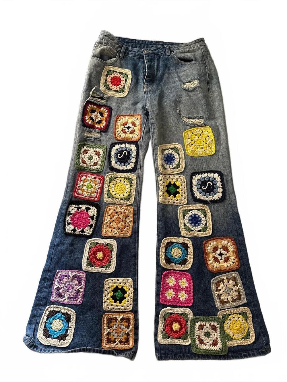 AKIRA Peace & Love Crochet Patchwork Denim Jeans Size L Wide Leg Boho Festival